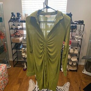 Green Ruched Button-Up Dress